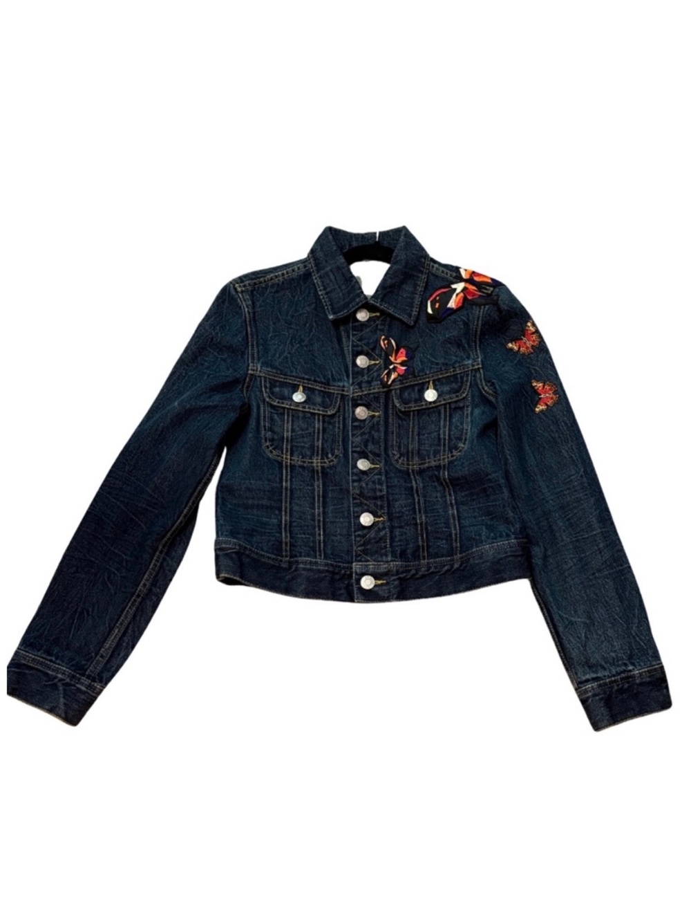 Hello Couture Upcycled Vintage Denim Jacket with Butterfly Embroidery – Size M